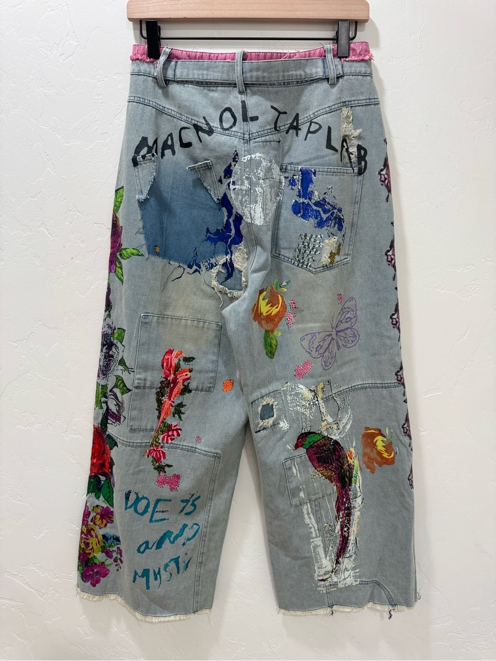 Hippie Indie Folk Art to Wear Festival Graffiti Floral Drop Crotch Jeans Medium - Picture 6 of 14